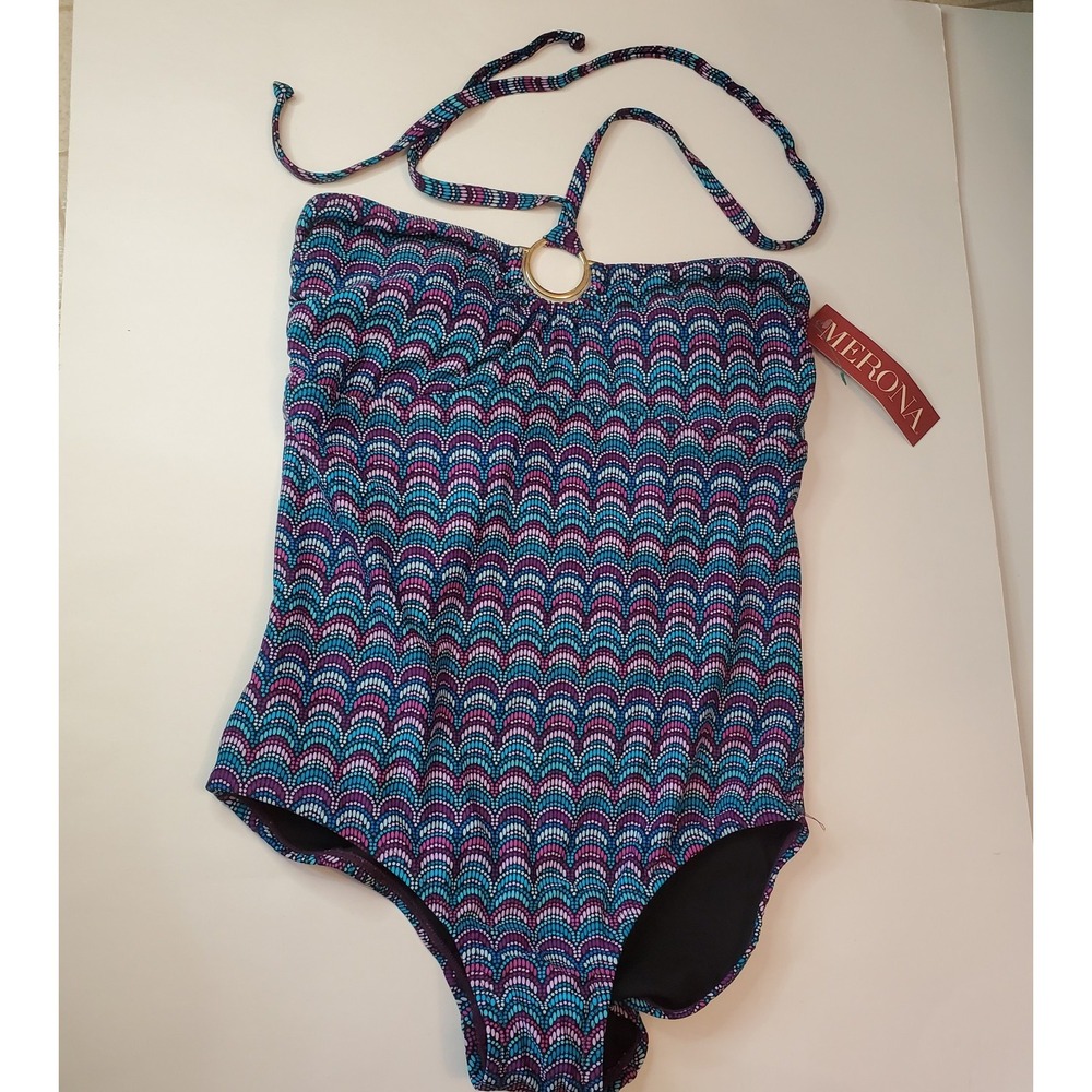 Merona Blue Purple Womens One Piece Halter Swimsuit Print Small Nwt